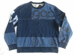 デッドストック ヴィンテージ加工GAPギャップ インディゴ染(藍染)パッチワークスウェットシャツ/トレーナーXL