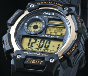 逆輸入カシオ 長持ち10年電池 軽さ50g 新品 100m防水 超多機能世界時計 デジタル 腕時計 CASIO 激レア日本未発売ブラック＆ゴールド