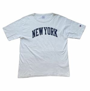 米国製 MADE IN USA チャンピオン Tシャツ 半袖 T1011 NEW YORK 染み込みプリント ホワイト 綿100％ サイズL [b5-0027]