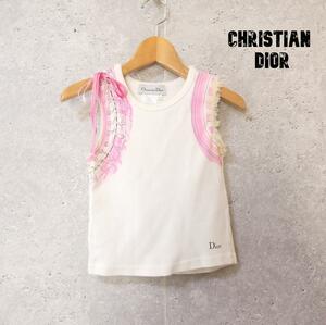美品 Christian Dior クリスチャンディオール 6A/8A クルーネック タンクトップ カットソー リボン フリル ジッププリント オフホワイト