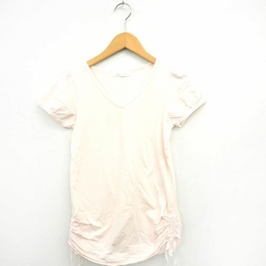 フェルゥ Feroux Tシャツ カットソー 無地 シンプル リボン Vネック フレンチスリーブ コットン 綿 2 ライトピンク 薄ピンク /MT14