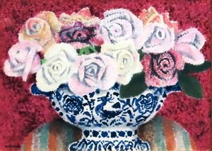 リズミカルな点描で花盛りの綺麗な色で薔薇の画面いっぱいに描いています。　高田誠　「薔薇」　油彩画　4F｛鑑定証あり｝【正光画廊】*