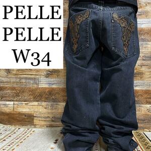 PELLE PELLE ペレペレ ジーンズ ストリート バギーデニム オーバーサイズ w34 b系 刺繍 y2k 紺 メンズ ジーパン Gパン ワッペン ネイビー