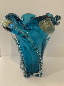 岩田ガラスクリスタル花瓶(ブルー×金彩)