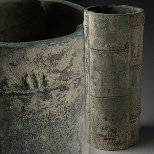 JK622 時代 古銅 見込葉彫文 木瓜 竹形筒花入 高29.8cm 重2.8kg・銅花瓶・花生