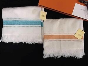 1円 ■美品■ HERMES エルメス コットン100％ フリンジ フェイスタオル ハンドタオル 2点セット アイボリー系 FA1130