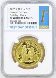 初日ラベル FDI 2022年 セントヘレナ ウナとライオン 5ポンド 1オンス プルーフ金貨 NGC PF70 ULTRA CAMEO First Day of Issue イギリス