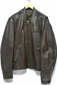 ＠美品 ジェニュインレザー GENUINE LEATHER 立ち襟 シングルライダースジャケット j447 茶色 ブラウン Lサイズ 70年代 スタンドカラー