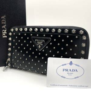 【付属品完品/希少モデル/美品】PRADA プラダ トライアングル 三角ロゴ ラウンドファスナー 長財布 スタッズ レザー ブラック 黒 メンズ