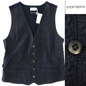 新品 2.5万 コルシーニ 日本製 コットン ジャージー レース 刺繍 ベスト 46(M) 紺 【I47818】 春夏 メンズ corsini by gim ジレ サマー