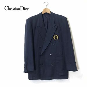 A884-N◆old◆ Christian Dior クリスチャンディオール ブレザー テーラードジャケット ダブル 背抜き ◆sizeS ネイビー 紺 リネン100