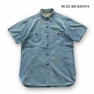 【BUZZ RICKSON】バズリクソン 半袖シャンブレーワークシャツ 半袖シャツ シャンブレーシャツ ケアプリント 耳付きマチ ミリタリー (15)