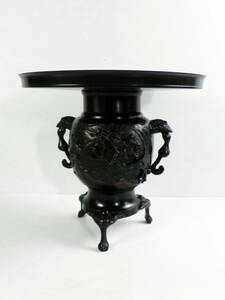 薄端 ◆ 龍虎細工 真鍮造 茶道具 花器 花入 花瓶 彫刻 古美術 時代 ◆ 管32054
