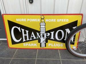 ビンテージ 看板 CHAMPION SPARK PLUGS 幅101cm チャンピオン プラグ / ガレージ ホーロー看板 アメリカ USA 世田谷ベース 昭和レトロ