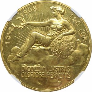【★雲上の女神★】 1908 オーストリア 100コロナ金貨 フランツ・ヨーゼフ1世 60周年記念金貨 PF60 NGC 鑑定済みアンティークコイン