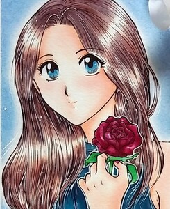 手描きイラスト　オリジナル　一輪の薔薇と少女　