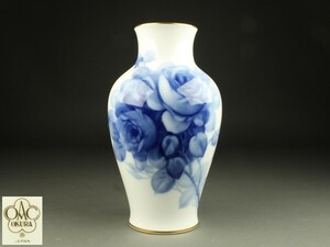 【宇】EC271 大倉陶園製 ブルーローズ フラワーベース 花瓶 共箱