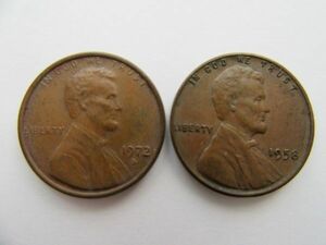 ONE CENT・コイン ☆ アメリカ合衆国 硬貨 ★ 発行：1958、1972／２枚 ＊ 自宅暗所保管《流通経緯あり／そのまま保管》変色・クスミ 他あり