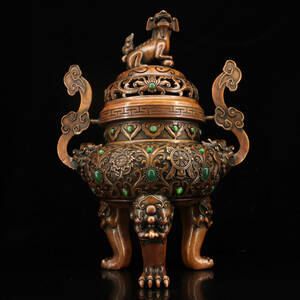 【古寶奇蔵】銅製・寶石嵌・獅蓋如意耳・三足熏香炉・置物・賞物・中国時代美術