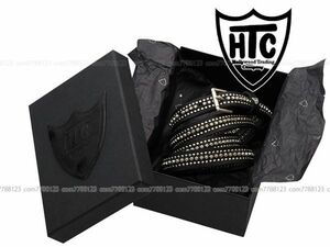 未使用３.６万《H.T.C》105/US:42 イタリア 製 スタッズ ベルト 黒×銀 本革 メンズ レザー ブラック HTC Hollywood Trading Company