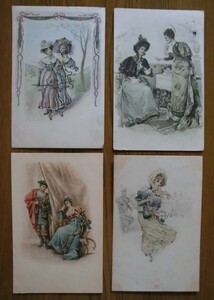 アンティーク　古いポストカード・絵葉書 　* ヴィエナ風イラスト画４枚/B * 1900~1915年