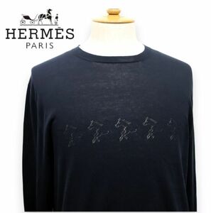 国内正規品 HERMES レース調 馬柄 コットン クルーネックニット エルメス ホース 薄手セーター サマーニット 紺 ネイビー XL JK-10