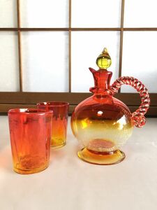 【琉球ガラス】　手造り　色ガラス・ひびガラス　デキャンタ＆グラス２個　　K0217C