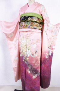 691s■ 百合や薔薇 蝶模様 暈し染め 長襦袢付き 振袖 成人式 パーティー ■ひまわり