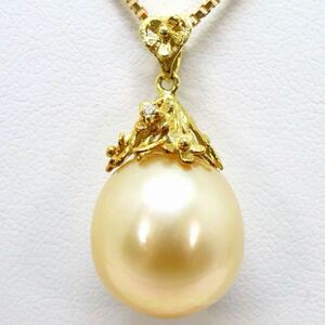 大珠!!良品!!＊K18南洋ゴールデンパール/天然ダイヤモンドペンダント＊m 約11.0g golden pearl diamond pendant necklace jewelry EF8/EG1