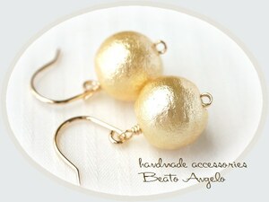 ☆彡+angelo+K14GF コットンパールの一粒ピアス(p-042)シャンパン 10mm シンプル