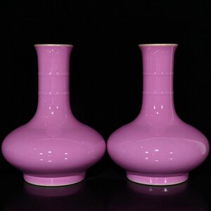 ◆古寳堂◆清 雍正年製款 紅釉 描金 天球瓶一對 古陶瓷品 極細工 古置物 古擺件 中国古美術 時代物 古董品