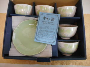 和風陶器　夢草花　茶托付き煎茶揃　湯のみセット　淡いミントグリーン　花絵柄　在庫品