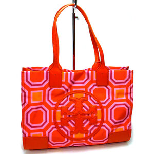 【中古】TORY BURCH ELLA MINI PRINTED TOTE ジオメトリック柄 トートバッグ ピンク オレンジ ナイロン レザー 48230