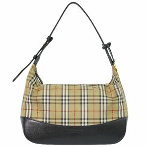 本物 バーバリー BURBERRY チェック ショルダーバッグ ハンドバッグ キャンバス レザー ベージュ ブラック