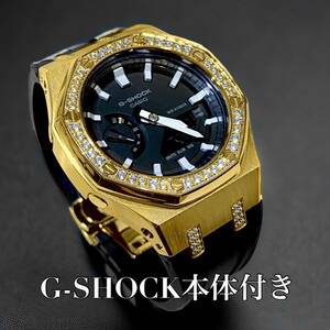 【本体付き】G-SHOCK GA-2100ラバーベルトセット メタル カシオーク カスタム Gショック　ゴールドジルコニアベゼル＋ブラックラバー