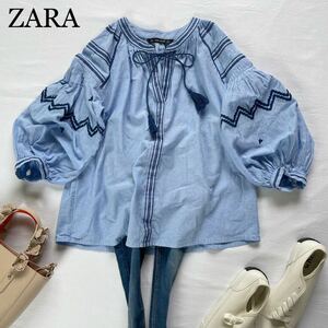 ZARA 大人可愛い　コットンリネンブレンド　タッセル付き　お袖ふんわり　プルオーバートップス　サイズM ザラ♪