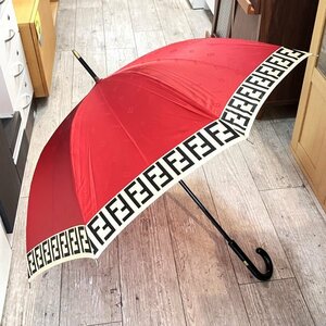 (志木)【美品】FENDI/フェンディ ズッカ柄 FFロゴ 長傘 雨傘 レッド×ベージュ 赤系 全長約90cm 傘 雨具 アンブレラ