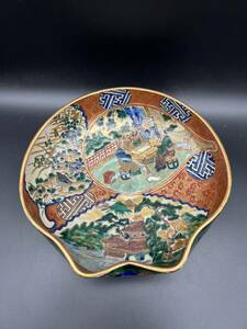 九谷焼 色絵金彩 花鳥 風景 賢人唐子 時代物 在銘 貝型 鉢 陶器