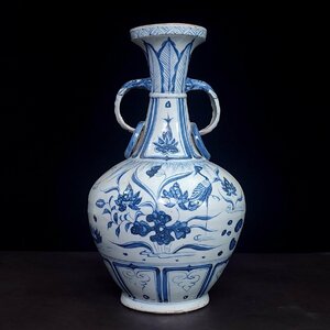 ◆古寳堂◆元 青花 魚藻紋 雙耳盤口瓶 古陶瓷品 極細工 古置物 古擺件 中国古美術 時代物 古董品