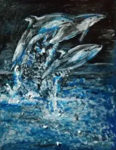 「暗闇に光る海の主人公たち」イルカのアクリル画