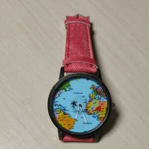 ◎腕時計 アナログ ラウンドウォッチ 航空機 飛行機 文字盤 世界地図 ワールドマップ レッド