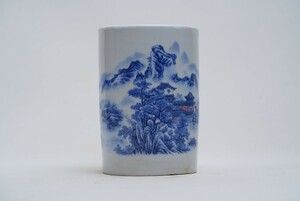 【積古】中国古美術 清時代 青花 筆筒 文房具 染付 古玩 骨董 美術品 骨董品 時代物 古美術 唐物 当時物 置物 