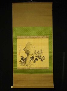 【模写】緑屋s■ 掛軸　在銘　「菊花石図」　紙本　掛け軸　旧家初出し品　　mae/4-226/B-2#100