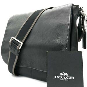 未使用級 コーチ COACH メンズ メッセンジャーバッグ ショルダー ビジネス レザー 本革 黒 ブラック ロゴ型押し 大容量