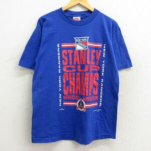L/古着 半袖 ビンテージ Tシャツ メンズ 90s NHL ニューヨークレンジャーズ コットン クルーネック 青 ブルー アイスホッケー 23mar03
