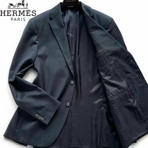 美品■希少XL■ エルメス テーラードジャケット 2B ブラック メンズ HERMES ブレザー ビジネス 黒 ロゴ シェルボタン 50サイズ LL 総柄