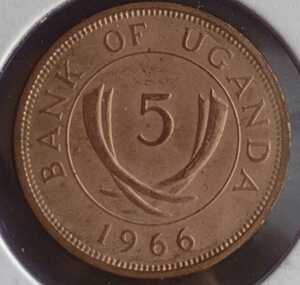 ウガンダ　5セント銅貨　1966年　【ホルダー付き・未使用】　　　玉ちゃんNo.1534