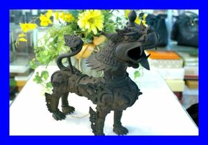 ○中古 中国美術 真鍮製 唐獅子 狛犬 アンティーク 4.9kg 希少 D1248