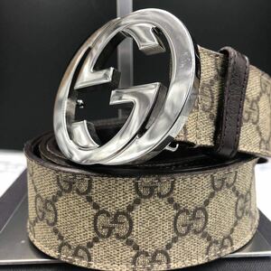 【美品/保存箱付き/最高級】GUCCI グッチ ベルト インターロッキング GGスプリーム デカロゴ PVC レザー 本革 シルバー ベージュ 95サイズ