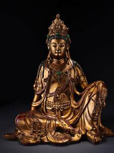 旧蔵 明 永樂年製 銅製 純銅塗金 自在観音菩薩 坐像 仏像 巧奪天工 稀少珍品 機上品 古美術品 L0306